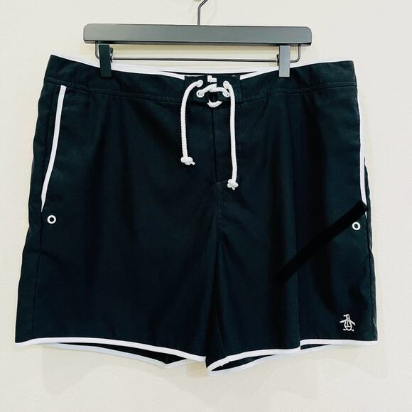 Penguin by Munsingwear Black Swim Shorts w/ White Trim & Mesh Lining - 36 - NWOT - Picture 1 of 11